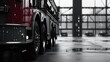 © PELK - Fire truck inside a modern fire station with wet floor reflecting the vehicle.