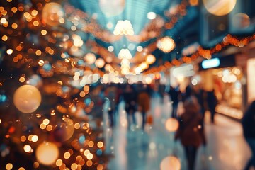 Sticker - Shopping mall decorated for Christmas time. Crowd of people looking for presents and preparing for the holidays. Abstract blurred defocused image background. Christmas holiday, Xmas shopping, sale