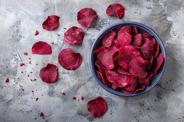 Sticker - Beetroot chips in a bowl on gray background top view for vegetarians