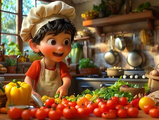 Sticker - Charlie preparing salad Charlie a cartoonstyle jovial boy with a chef's hat and apron animatedly chopping colorful vegetables in a bright Pixarstyle kitchen