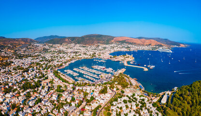 Canvas Print - Bodrum beach and marina aerial panoramic view in Turkey