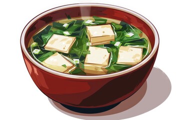 Wall Mural - Vegetarian Japanese miso soup with tofu seaweed and mushrooms in a ceramic bowl on a white background