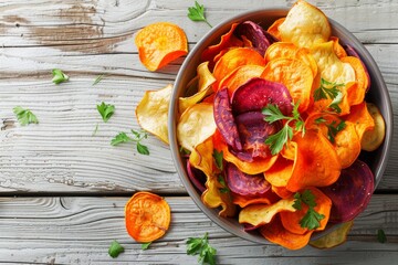 Sticker - Veggie chip bowl on wooden background with sweet potato beetroot carrot and parsnip