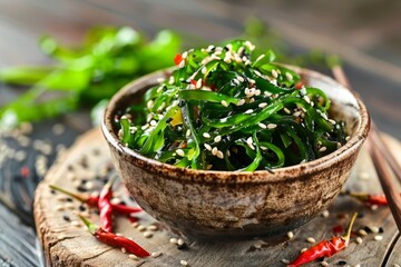 Wall Mural - Wakame salad with sesame seeds chili pepper served on wooden plate