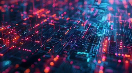 Wall Mural - futuristic digital circuit board with neon red and blue lights background for technology and ai