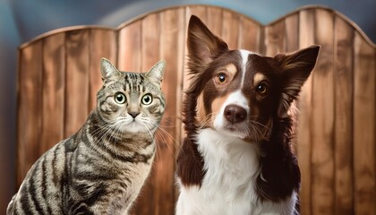 Wall Mural - tabby cat and border collie dog