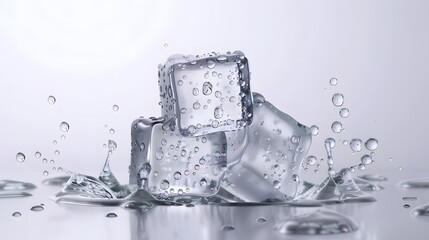 Wall Mural - Melting Ice Cubes with Water Droplets and Splashes Isolated on White Background