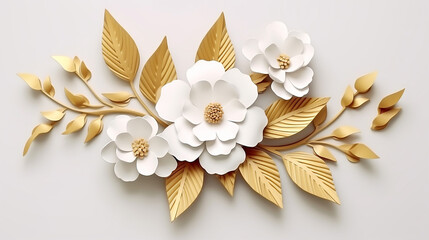 Beautiful elegant paper flower with white flower and gold leaves on white background