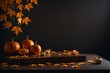 © Victoria - Halloween background with podium for display product, maple leaves, orange pumpkins on dark table.
