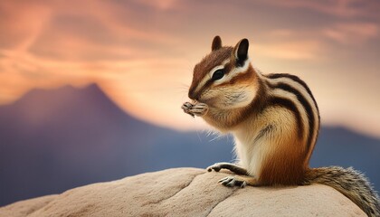 Wall Mural - chipmunk sitting on a rock eating with a blurry background and copy space