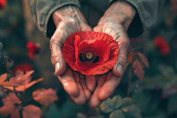 Sticker - Soldier hands holding one wild red poppy flower. Remembrance Day, Armistice Day, Anzac day symbol