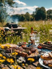 Wall Mural - Field picnic with food and drinks