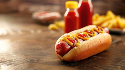 Canvas Print - Hot dog with mustard and ketchup, fries condiments in background