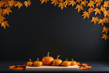 Wall Mural - Halloween background with podium for display product, maple leaves, orange pumpkins on dark table.