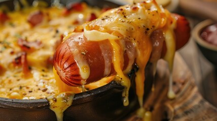 Canvas Print - Cheesy hotdog in skillet with seasonings and herbs