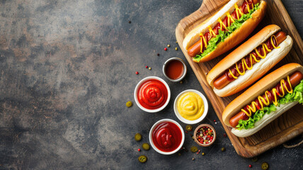 Canvas Print - Tasty hot dogs with condiments on wooden board