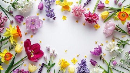 Poster - Spring flowers frame made of tulips, daffodils, crocuses, hyacinths, lilacs, cherry blossoms, azaleas on white background. Top view, flat lay, copy space in middle