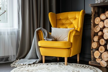 Poster - Yellow armchair with blanket on white rug in modern living room with wood logs black wall and gray curtains