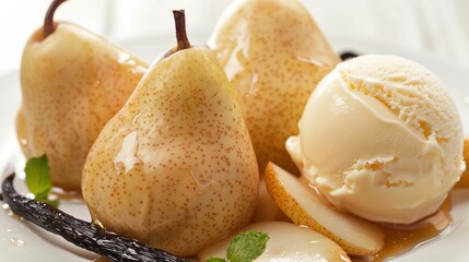 Poster - Close-up of delicious poached pears served with a scoop of vanilla ice cream. Perfect for dessert lovers and culinary photography. High-quality image capturing the essence of gourmet dishes. AI