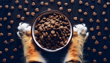 Wall Mural - a bowl of delicious dry cat food in cat paws