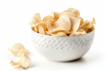 Wall Mural - Yummy cassava chips on white plate against white backdrop