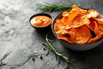 Canvas Print - Yummy sweet potato chips in bowl with rosemary and sauce on table Room for text