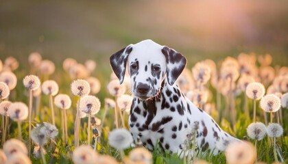 Wall Mural - dalmatian puppy in a dandelion meadow