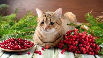 Wall Mural - cat isolated with berries on brown natural rustic setting cat and cranberry healthy food with your pet wild berries and homely natural furnishings