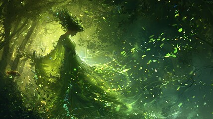 Canvas Print - Standing in a lush forest, a princess with a wreath of leaves in her hair, enveloped in a whirlwind of glittering green sparks