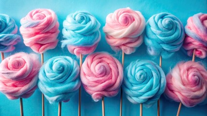 Vibrant pink and blue swirls of fluffy cotton candy against a bright blue background, creating a sweet and playful atmosphere, perfect for festive celebrations.