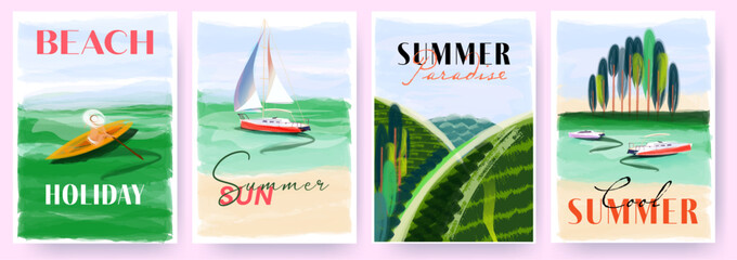 Wall Mural - Set of watercolor summer poster with beach, nature landscape, mountains, boat, yacht and typography. Summer party concept templates for celebration, ads, branding, banner, holiday cover, label, sales.
