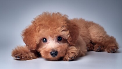 Wall Mural - toy poodle puppy lies on a white background