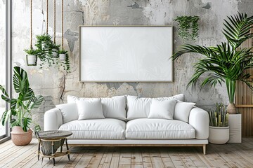 Wall Mural - Stylish living room interior of modern apartment with white sofa, potted plants and mockup of blank white canvas picture poster frame on the wall. Modern home interior design decor