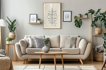 Sticker - Stylish living room with modern neutral sofa, modern abstract posters, home plants, wooden table, elegant decorations. Minimalistic Scandinavian interior design