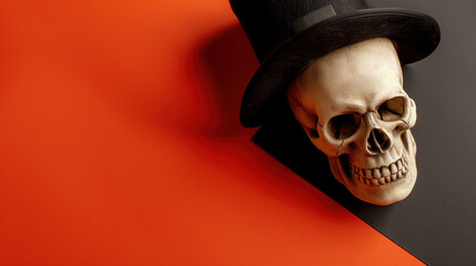 A human skull wearing a top hat against a black and orange background.