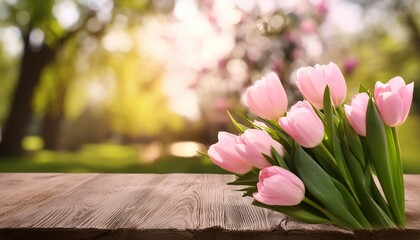 Wall Mural - bouquet of pink tulips blured spring background
