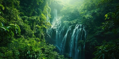 Wall Mural - A serene waterfall amidst dense foliage in a natural setting