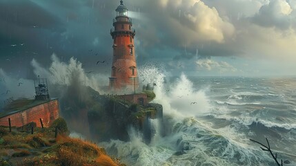 Canvas Print - Surrounded by crashing waves and howling winds a lighthouse stands proudly on the edge of a cliff. Its sy brick walls and powerful beacon withstand the worst of the storm