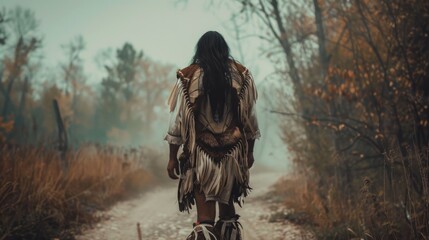 Poster - A woman walking down a dirt road surrounded by woods, perfect for outdoor adventure or nature theme