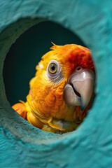 Canvas Print - A colorful parrot looks out from a natural hole, ready to explore its surroundings