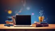 © Muzamil - Simple online learning with books, graduation cup and laptop 3d render, Place for your text, copy space, empty space