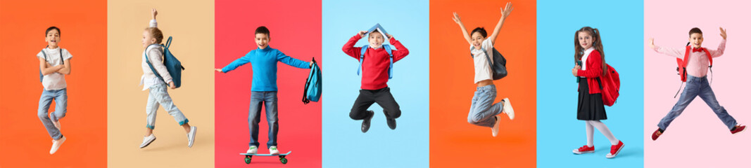 Poster - Set of cute little school children on color background