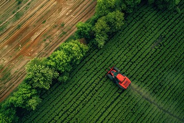 Poster - Taking care of the Crop. Aerial view of a Tractor fertilizing a cultivated agricultural field