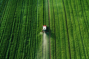 Poster - Taking care of the Crop. Aerial view of a Tractor fertilizing a cultivated agricultural field