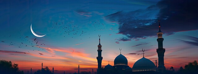 Mosques Dome on dark blue twilight sky and Crescent Moon on background Vertical, religion Ramadan and free space, Eid al-Adha, Eid al-fitr, New Years Muharram, copy space - generative ai