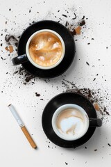 Wall Mural - Two cups of coffee and a cigarette sit on a table, ready for use