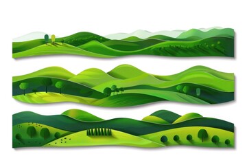 Canvas Print - Three colorful banners on green hills and surrounded by trees, suitable for outdoor events or nature-themed designs