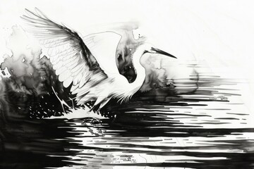 Wall Mural - A black and white painting of a crane standing in calm waters