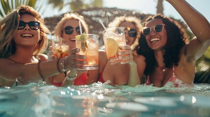 Cheers to happy women sipping summer cocktails and enjoying themselves at the pool.