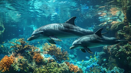 Wall Mural - Two Dolphins Navigating Coral Reef with Fish and Sea Plants in an Underwater View